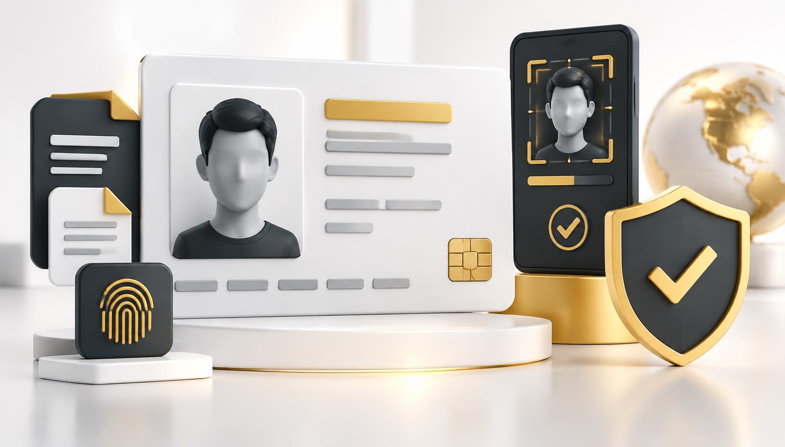 3D identity card, face scan and security shield illustrating full KYC verification